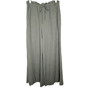 Papillion Olive Viscose Linen Wide Leg High Rise Drawstring Lagenlook‎ Pants SM